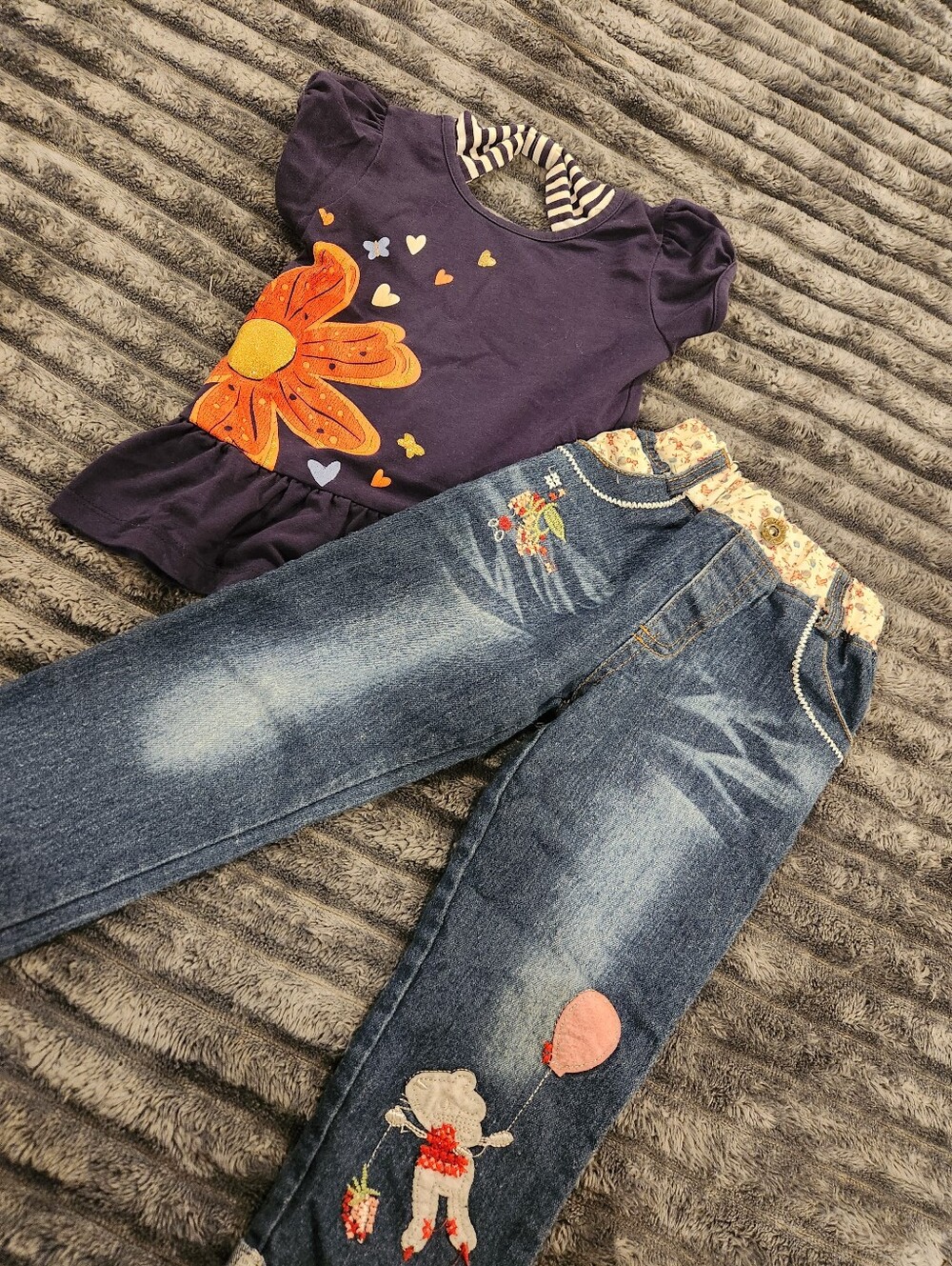 Multiples Navy Top and Denim Jeans Set with Orange Flower
